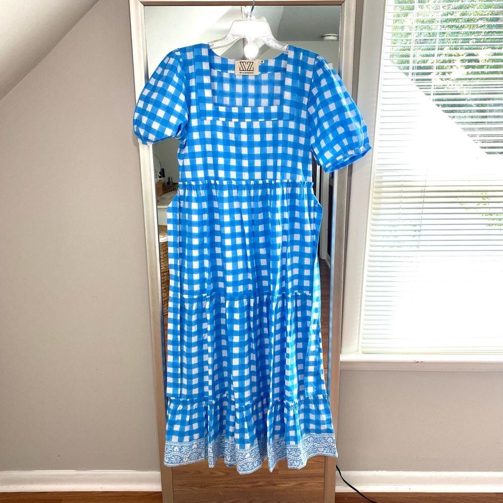 SOLD SZ Blockprints Tuckernuck Divya Cotton Midi Puff Sleeve Dress Gingham Blue - Picture 9 of 14